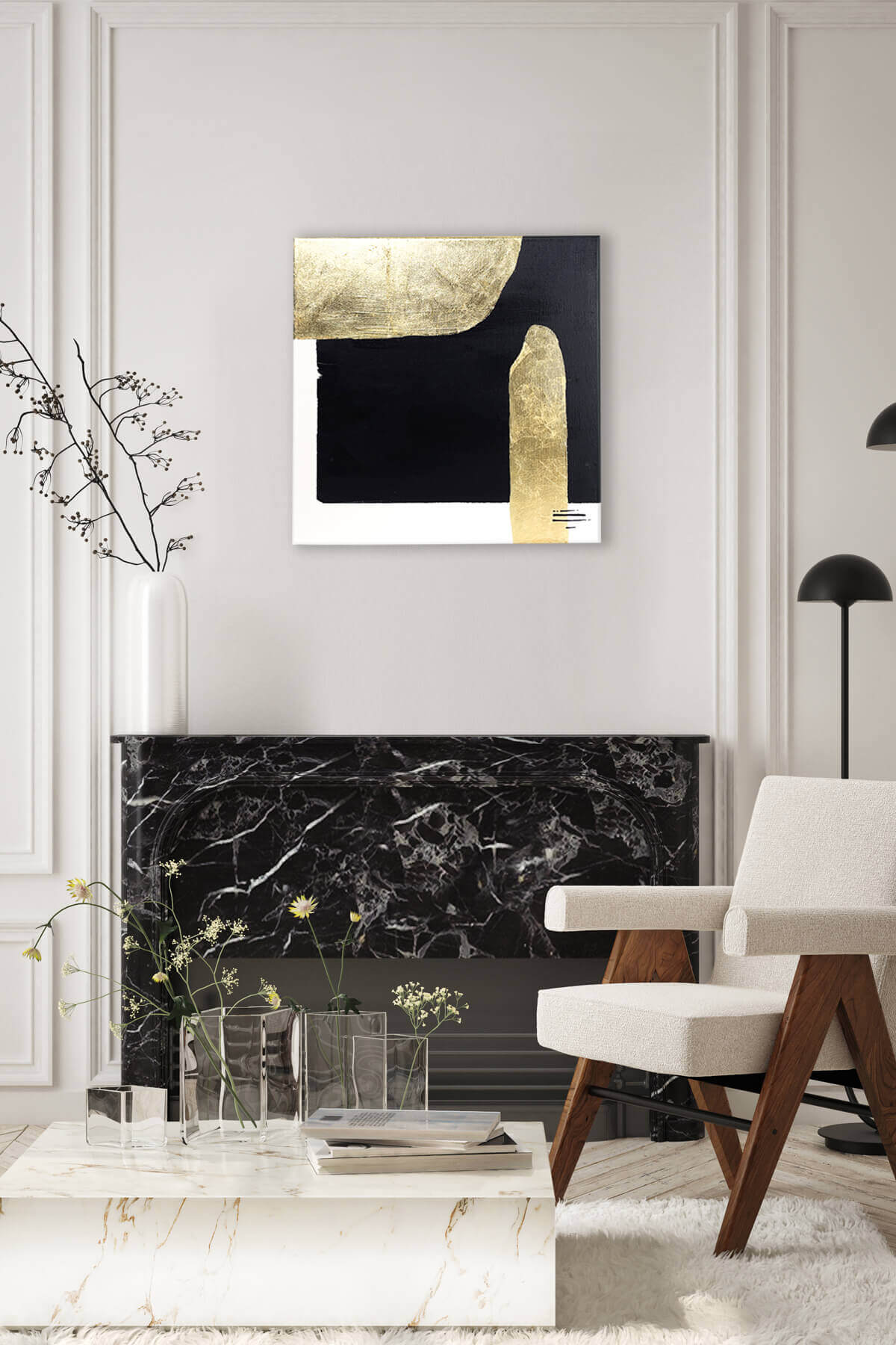 Obraz w salonie nad kominkiem, abstrakcja na płótnie, czarny, biały złoto