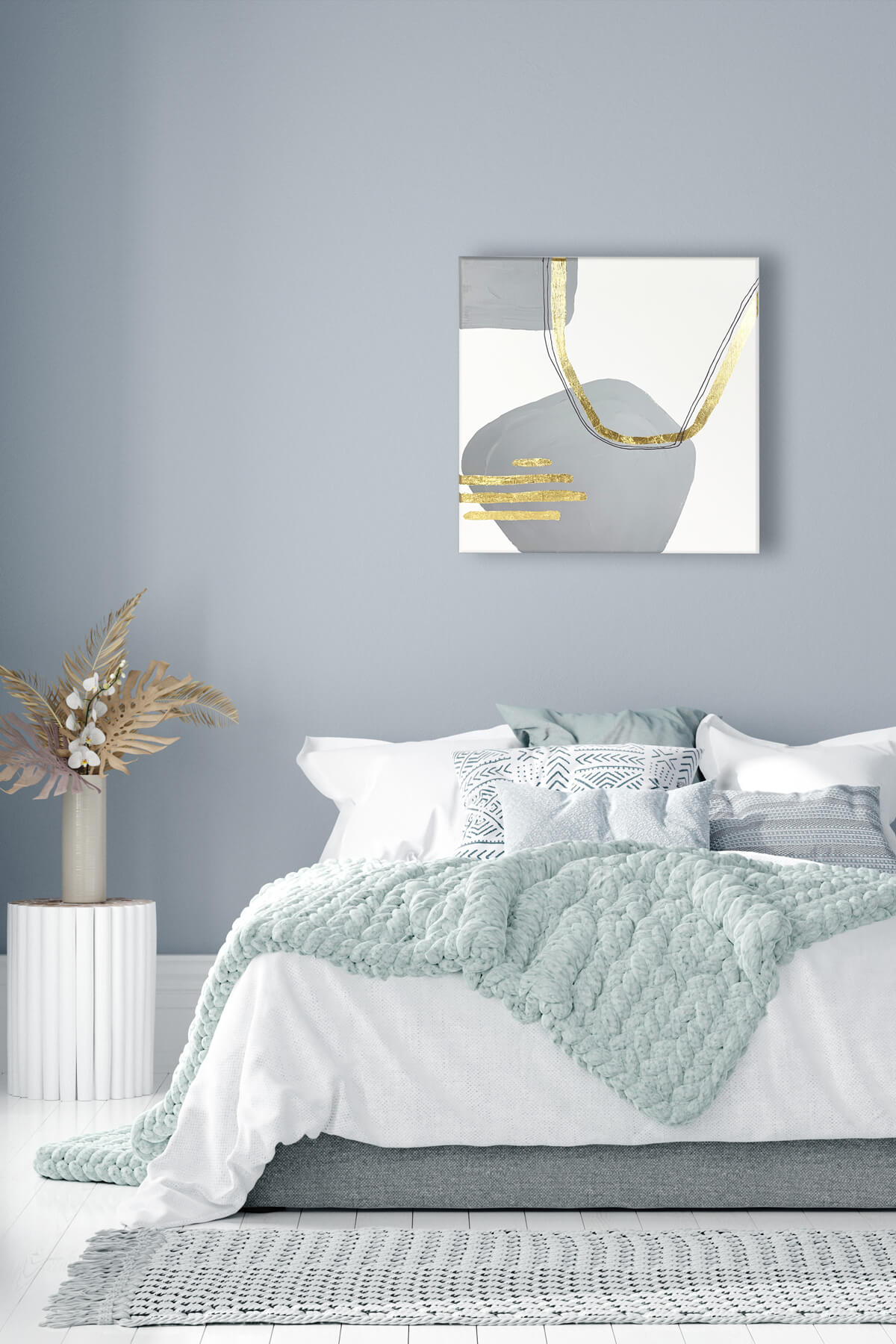 obraz - abstrakcja, szary, biały złoty nad łóżkiem
